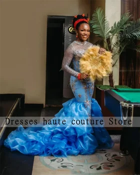 אסו עבי-שמיים כחולה בתולת ים שמלות ערב 2023 יוקרה אפריקה נשים Ruffles חרוזים אפליקציות בתולת ים שמלת נשף שמלת החתונה