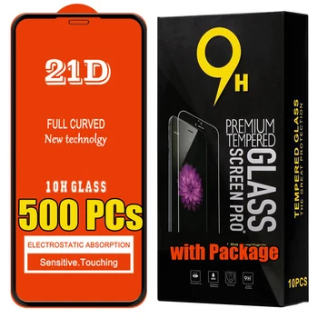 500pcs 21D מלא דבק מזג זכוכית 9H סרט מגן מסך עבור iPhone 15 Pro מקס 14 + 13 Mini 12 11 XS XR-X 8 7 סה תיבה עם