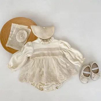 סתיו ילדה תינוק וופל לפרוע שרוול ארוך רשת שמלת בגד גוף לתינוק מוצקים רקמה האופנה פרח כותנה אוברול לתינוק תחפושת