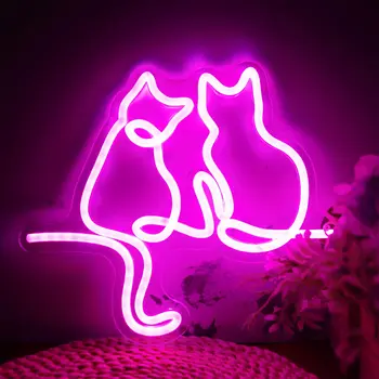 שני חתולים שלט קיר בעיצוב חמוד כלבלב ניאון הובילו חתול USB לילה אור צרפתי מתנות חנות לחיות מחמד סימן עסקיים חדר ילדים עיצוב ניאון