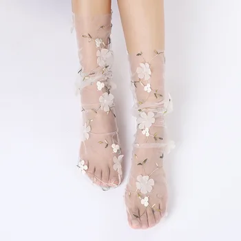 אופנה 3D פרח תחרה גרביים נשים שקוף רב טול גרביים נשי קיץ דקים גרביים אישה השמלה Calcetines מדיות