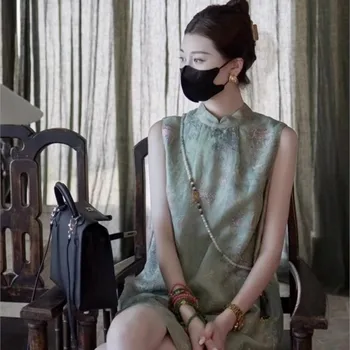 2023 חדש בסגנון סיני השתפר גרין צ 'יפאו חצאית יצירתי של נשים קיץ רקום גופיה צ' יפאו השמלה