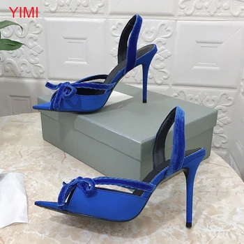 איכות גבוהה קטיפה משי עניבת פרפר Baotou סנדלי אופנה קיץ עקבים גבוהים נעלי נשים צבע מוצק אירועים נעלי גודל 34 43