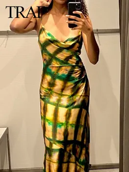 TRAF 2023 נשית אופנה סקסית ללא שרוולים מחשוף גב צבעוני הדפסה אמצע אורך השמלה אישה אלגנטי בציר סלים מסיבת החוף להתלבש