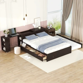סגנון מודרני בגודל מלא פלטפורמה מיטה,רב תפקודי מיטה עם רולינג מדף נוסף לאחסון,מתאים לנוער מבוגרים השינה