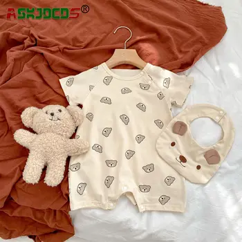 בז ' תינוק בן יומו בנות בנים דוב הדפסה תלבושות כותנה 100% שרוול קצר סרבלים לילדים בייבי Romper הלבשה + ביבס