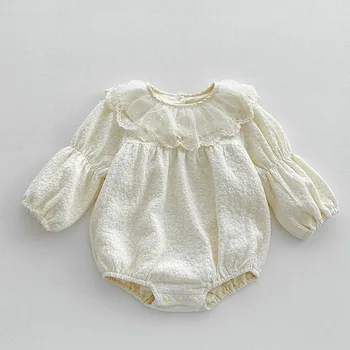 סתיו האביב קוריאני סגנון תינוק תינוק סרבל עם שרוולים ארוך כותנה, תחרה, תפירה הפעוט הילדה Romper ילדים הבגדים