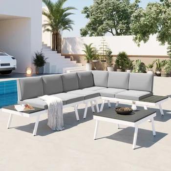 התעשייה 5-חתיכת אלומיניום חיצונית רהיטי גן להגדיר, מודרני גן ספה פינתית מסודר עם שולחנות סוף, על החצר האחורית, לבן+G