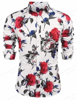 כחול אדום רוז חולצת הוואי פרחוניים 3d מודפסים, חולצות גברים אופנה חולצות החוף מזדמנים החולצה קובה דש החולצה בגדי גברים