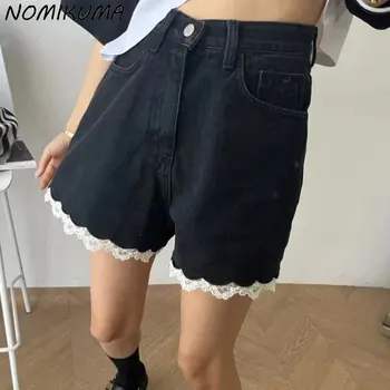 Nomikuma בציר תחרה פגע צבע טלאים גבוהה המותניים Demin נשים מכנסיים קצרים 2023 הקיץ קוריאנית סיבתי רחב הרגל ג ' ינס קצר Mujer