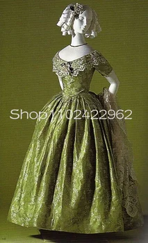 פרי ירוק ההיסטוריה ויקטוריאני שמלות נשף בציר תחרה אפליקציה שרוול קצר תקופת ריג ' נסי ההמולה שמלת ערב חלוקים