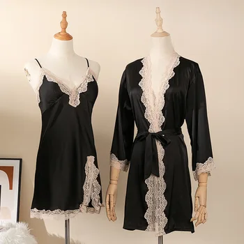 שתי חתיכות סאטן החלוק & שמלת קבוצות נשים נוח צוואר V מזדמנים תחרה שחורה Homewear