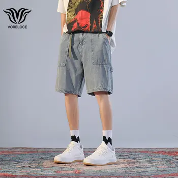 צבע מוצק רגל ישרה קצרים יוניסקס Harajuku מתאים רופף מכנסיים קצרים עם חגורה גבוהה מנופחים מכנסי ג ' ינס קצרים Y2K בקיץ מכנסיים קצרים
