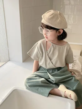 ילדים חולצת 2023 אישיות קצרות עם שרוול סגנון קוריאני לא סדיר שסף מוצק צבע חולצת תינוק רופף מקרית פשוטה בנות