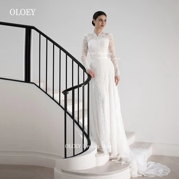 OLOEY צנוע קו מלא תחרה שמלות כלה עם שרוול ארוך צוואר גבוה רכבת לטאטא שמלות כלה אלגנטי שמלות כלה 2023