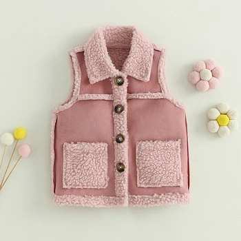 ילדים ילדה מעיל האפוד ניגודיות צבע חם כפתור הז ' קט ללא שרוולים עם כיס על תינוק בגדי חורף להאריך ימים יותר