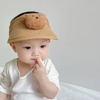 חמוד קיץ קטיפה דובון סתיו שוליים רחבים, הגנת UV סגנון קוריאני כובע ריק המגבעת ילדים כובע קש ילדים מגן השמש הכובע