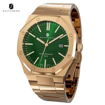SAPPHERO רוז זהב ירוק גברים שעוני יוקרה נירוסטה עסקים שעון יד מתומן עיצוב עמיד למים זוהר השעון