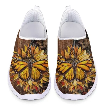 אמנות חמניות תבנית פרפר הדפסה מזדמן שטוח נעלי נשים קיץ אור נוח נעלי ריצה לנשימה רשת נעליים