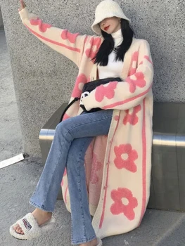 גדול של סוודרים סוודרים לנשים, בגדי חורף נשים סרוגים זמן קרדיגן נשים פרח אופנה קוריאנית שרוול ארוך העליון