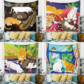 קריקטורה חמוד חתול טפט קיר לילדים, חדר מעונות עיצוב היפי הזוי Wll שטיח צבעוני חיות קיר, שטיחים