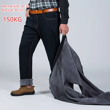 2024 150KG חם ג 'ינס לעבות גברים אלסטיות גבוהה המותניים אדם חורף מכנסיים גדולה בגודל 42 44 46 48 50 52 קלאסי ג' ינס מכנסי צמר