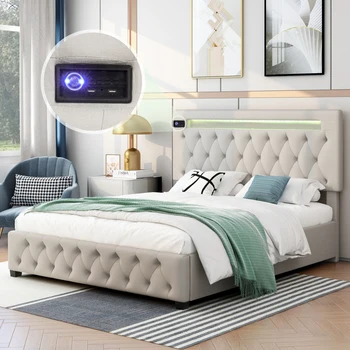 המלכה גודל אחסון מרופד פלטפורמה המיטה, ראש המיטה מתכוונן בהשתתפות עם Bluetooth אודיו, LED אור ו-USB לטעינה