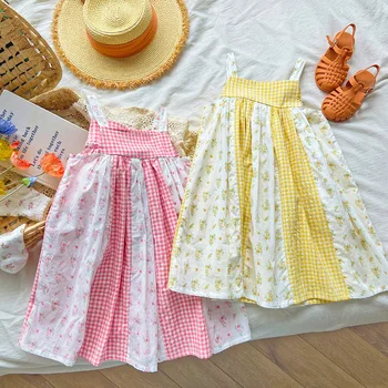 אנגליה סגנון ילד בנות כותנה שמלת טלאים צבעוני הדפס קו-קיץ Vestidos כיכר קולר רצועה ארוכה מזדמנים שמלת ילדים