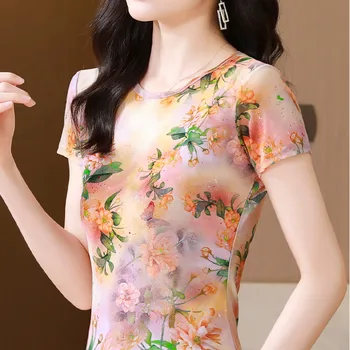 #6955 פרחונית מודפסת רשת חולצת נשים סביב צוואר סקסי, רזה חולצה נשית עם שרוול קצר בציר רזה אלסטי קצרים טי הקיץ