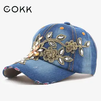 COKK נשים כובע בייסבול של יהלום ציור רקמה, פרח ג 'ינס כובעי Snapback ג' ינס אישה נשית כובע קאובוי כובע השמש בקיץ