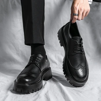 אביב סתיו 2023 בסגנון בריטי עור BrogueShoes עבור גברים בחליפות שחורות, גבר איכותי קלאסי גובה הגדלת