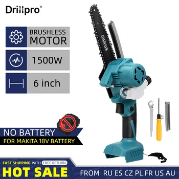 Drillpro 1500W 6 אינץ ' ללא מברשות מסור שרשרת חשמלי נטענת מיני מסור נגרות גיזום כריתת עצים על מקיטה 18V סוללה