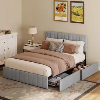 בחדר השינה רהיטים בגודל קווין גריי 3 חתיכה השידה פלטפורמה מראשות המיטה