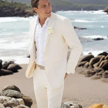 פשתן החוף חליפות לגברים חתונה חתן Slim Fit חליפת טוקסידו רשמית נשף השושבין בלייזר 2 חתיכות זכר אופנה ז ' קט עם מכנסיים