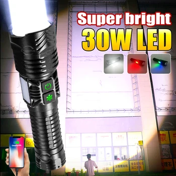 נטענת פנס 30W LED סופר חזק הפנס 1500M טקטית גבוה כוח LED פנס קלוש יד מנורה 8 מצבים