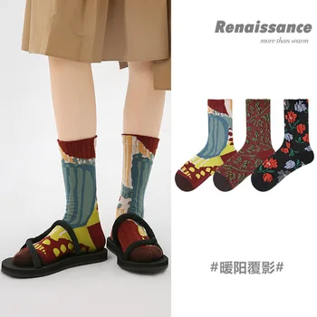 3pairs סט גרביים נשים harajuku אופנה קוריאנית סגנון הרנסנס המקורי בעיצוב רטרו גרבי חורף כותנה chaussette
