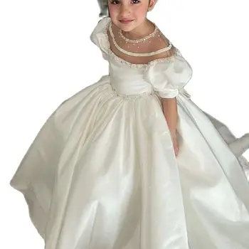 חרוזים העצום הצוואר פרח ילדה שמלות סאטן עם שרוולים קצרים שמלת נשף Lilttle ילדים יום הולדת התחרות Weddding שמלת
