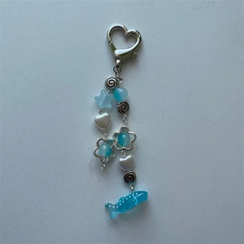 ימית מחזיק מפתחות כחול כריש, דג y2k סופר חמוד Kawaii מחזיקי מפתחות