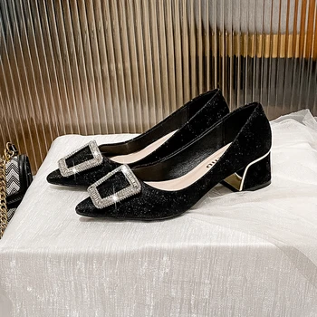 גושי בלוק משאבות נשים להחליק על עקב נמוך עגול סגור הבוהן שמלה קלאסית באמצע כיכר נעלי מסיבת חתונה משרד ליידי נעליים