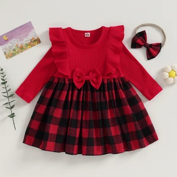 בגדי ילדים בנות חג המולד שמלה עם סרט פעוטות ילדים אדום משובץ קשת ילדה חג המולד מפלגת נסיכת שמלות תחפושות