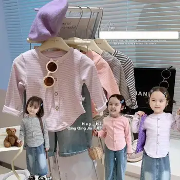 מזדמן אופנה בסיס חולצה לילדה העשרה סגנון חדש פסים מקסימום ילד בתחילת האביב בגדים פשוטים תכליתי ארוך שרוול קצר חולצת טי